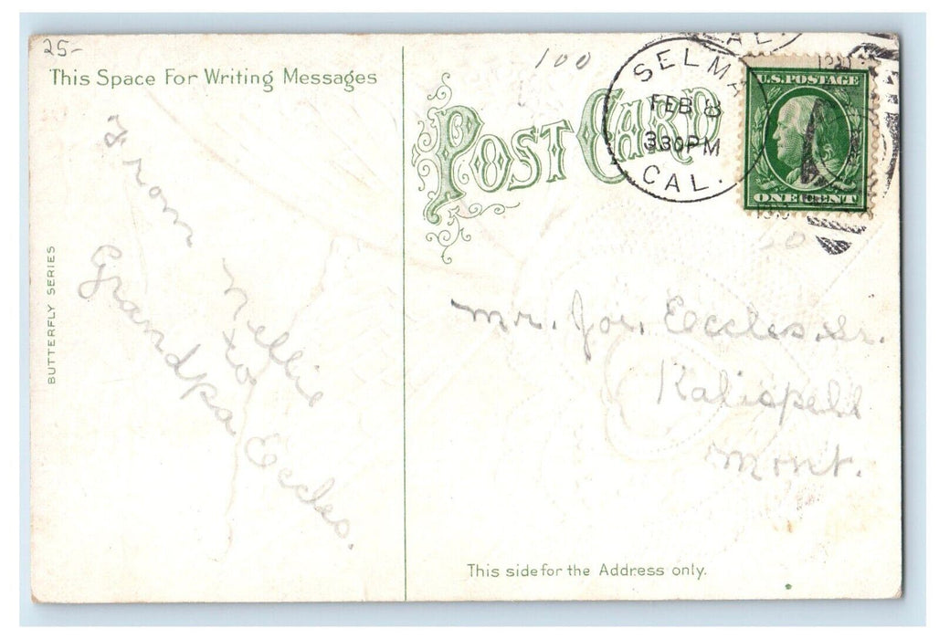 1910 Valentine Butterfly Boy Head In Heart Flowers Embossed Selma CA Postcard