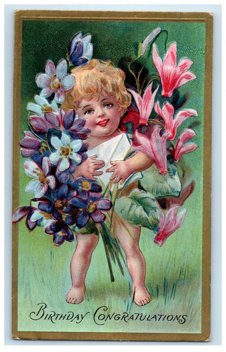 c1910's Birthday Congratulations Flowers Letter Embossed Winsch Back Postcard