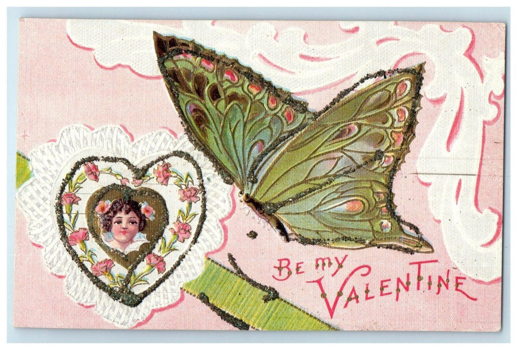 c1910's Valentine Butterfly Heart Girl Head Flowers Glitter Embossed Postcard