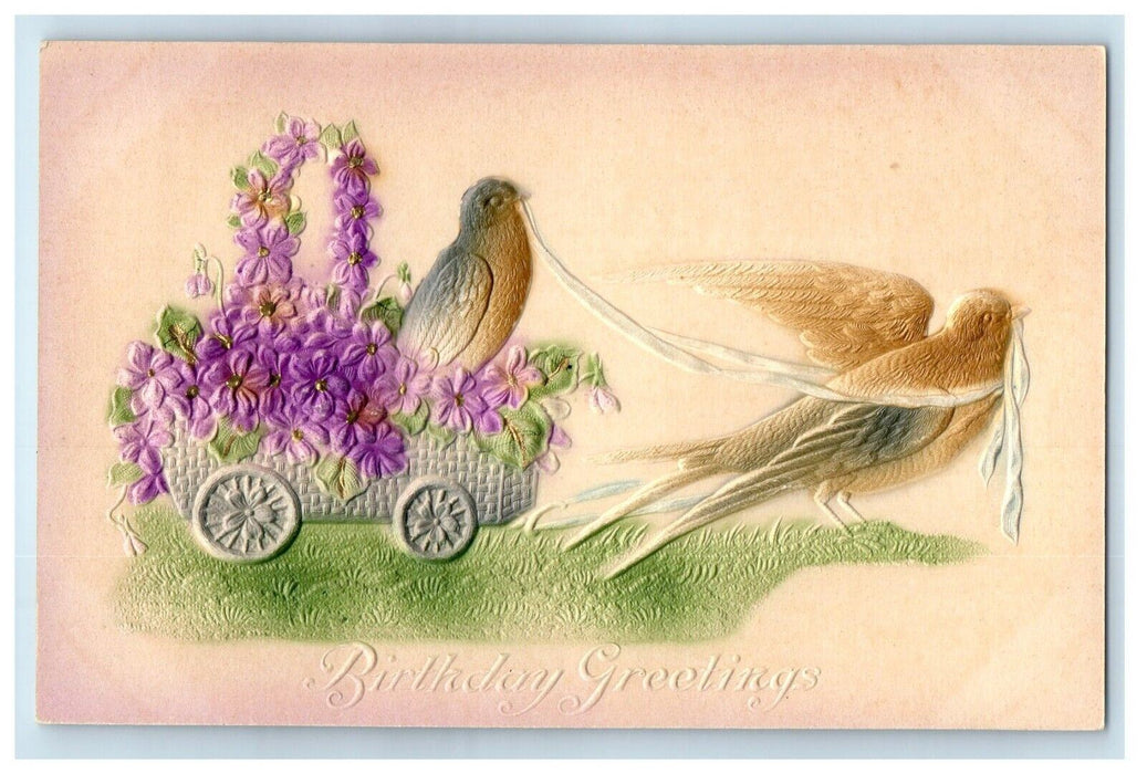 c1910's Birthday Greetings Airbrushed Dove Pulling Cart Flowers Antique Postcard