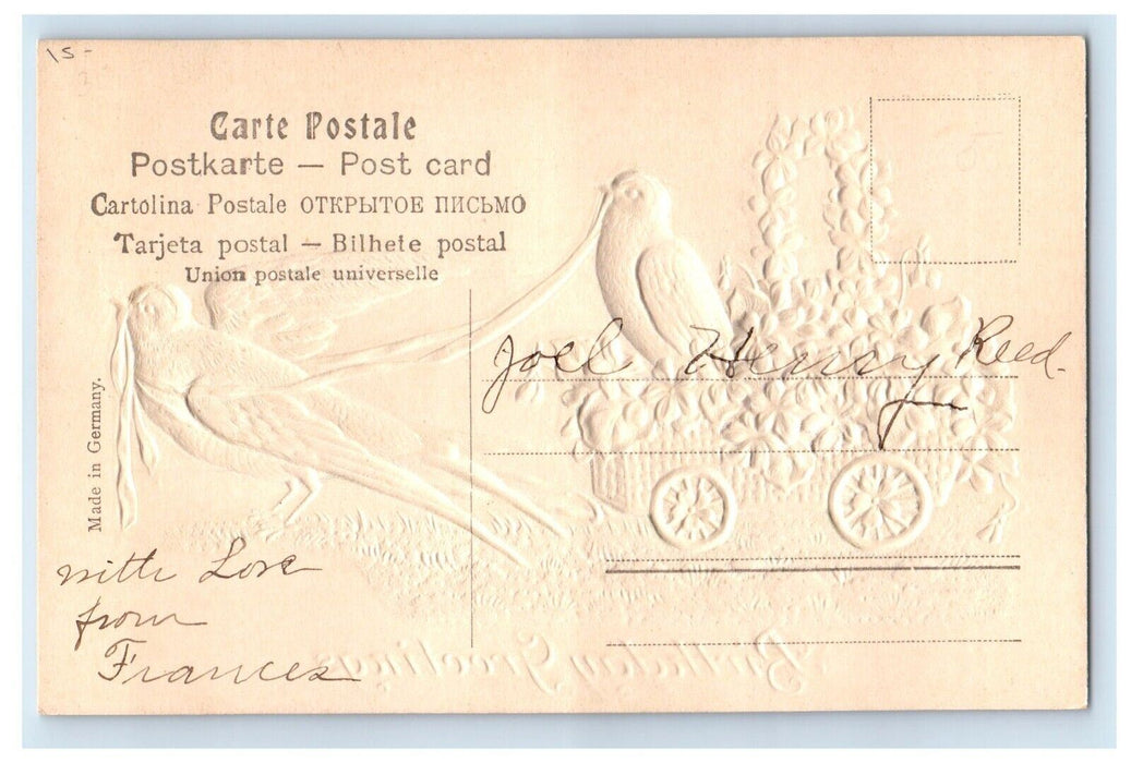c1910's Birthday Greetings Airbrushed Dove Pulling Cart Flowers Antique Postcard