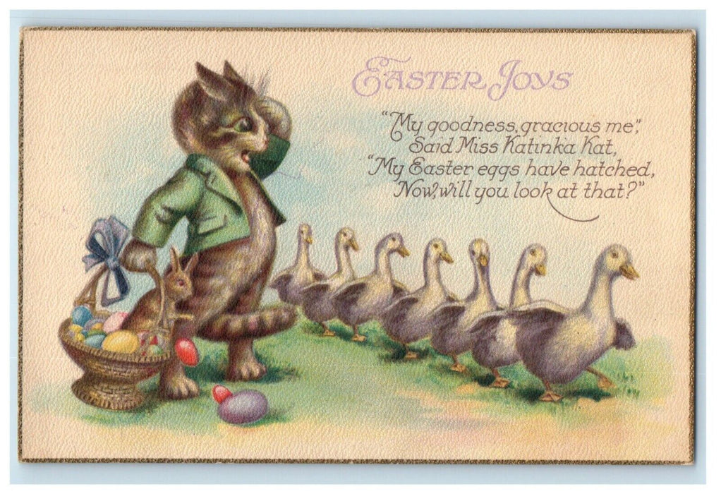 1923 Easter Joys Anthropomorphic Cat Bunny Eggs Ducks In Line Walking Postcard