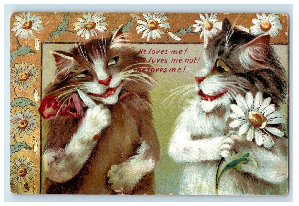 c1910's Boulanger Two Cats Tail Holding Flower Tuck's Posted Antique Postcard