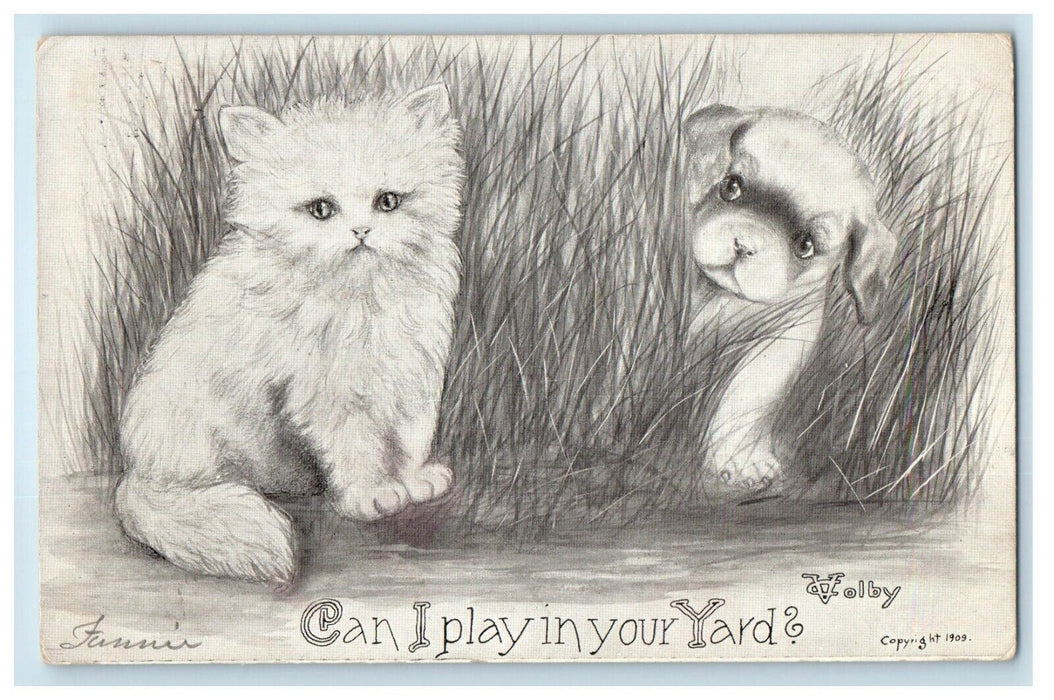 1910 Cute Cat And Puppy Dog Playing Hide And Seek At The Grass Antique Postcard