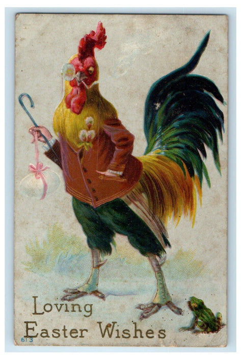 c1910's Anthropomorphic Rooster Spectacle Frog Embossed Posted Easter Postcard