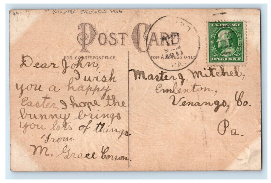c1910's Anthropomorphic Rooster Spectacle Frog Embossed Posted Easter Postcard