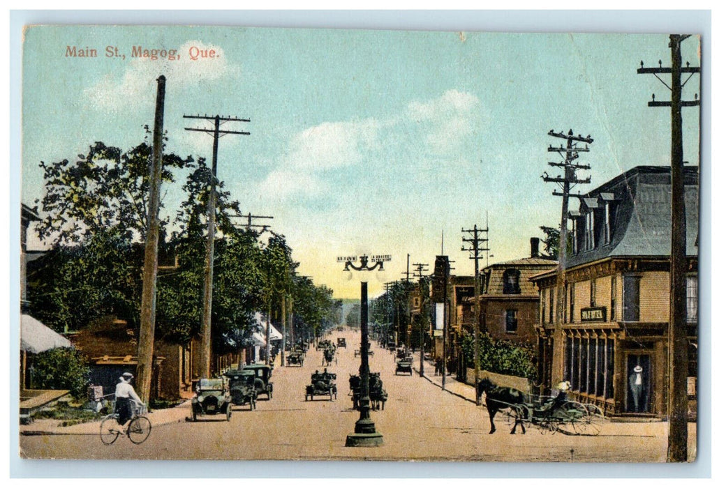 c1910 Horse Carriage, Cars, Street Post, Main St. Quebec Canada Postcard