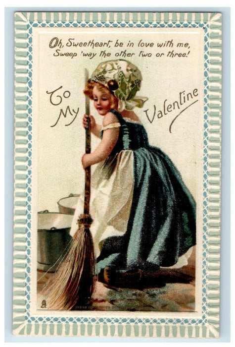 c1910's Valentine Dutch Maid Girl Sweeping Floor Tuck's Posted Antique Postcard