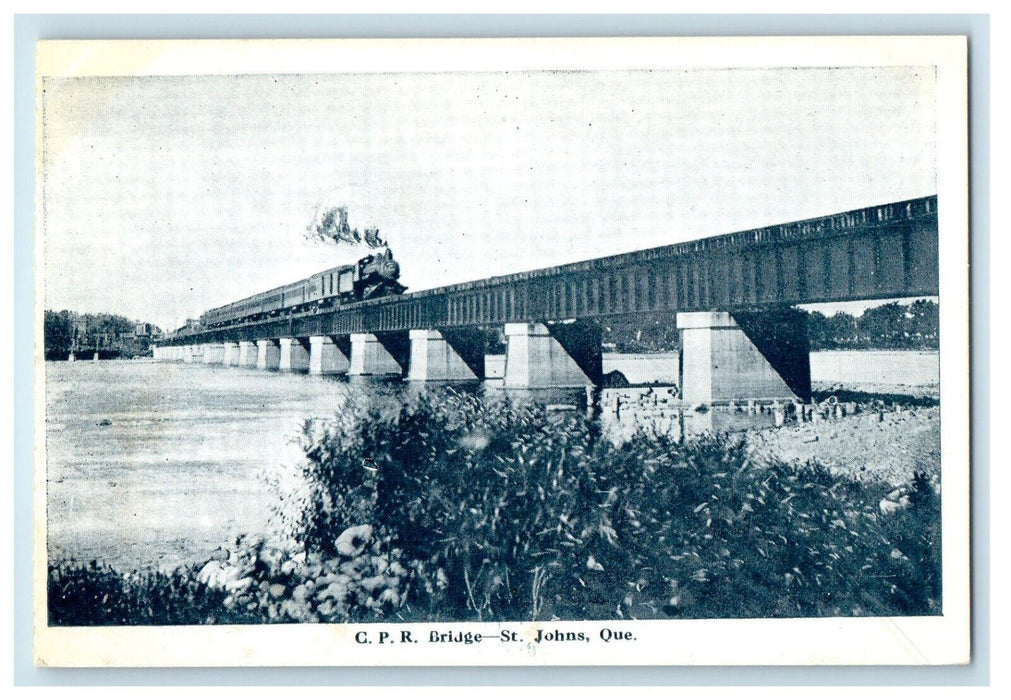 c1940's Train Locomotive Passing C.P.R. Bridge St. Johns Quebec Canada Postcard