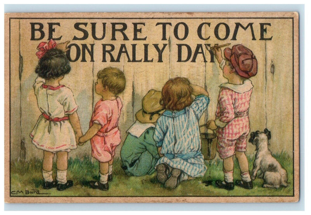 1917 Childrens Writing On The Wall Rally Day With Dog Posted Antique Postcard