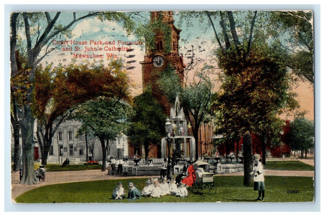 1915 Court House Park Fountain St John Cathedral Milwaukee Wisconsin WI Postcard