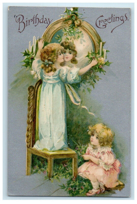 c1910's Birthday Greetings Girl Standing On Chair Facing Mirror Antique Postcard