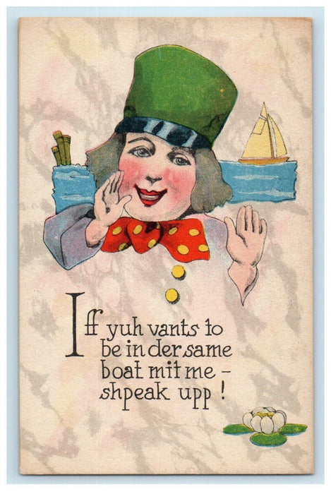 c1910's Girl Waving Green Bonnet Polka Tie Sailboat Unposted Antique Postcard