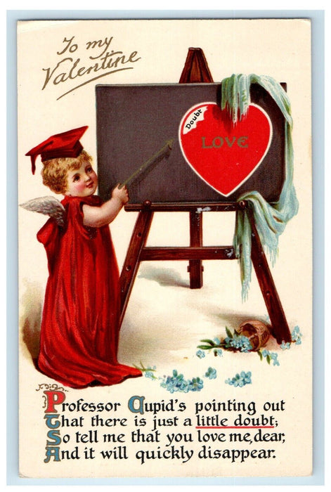 1912 Valentine Professor Cupid Pointing Heart On Board Posted Antique Postcard