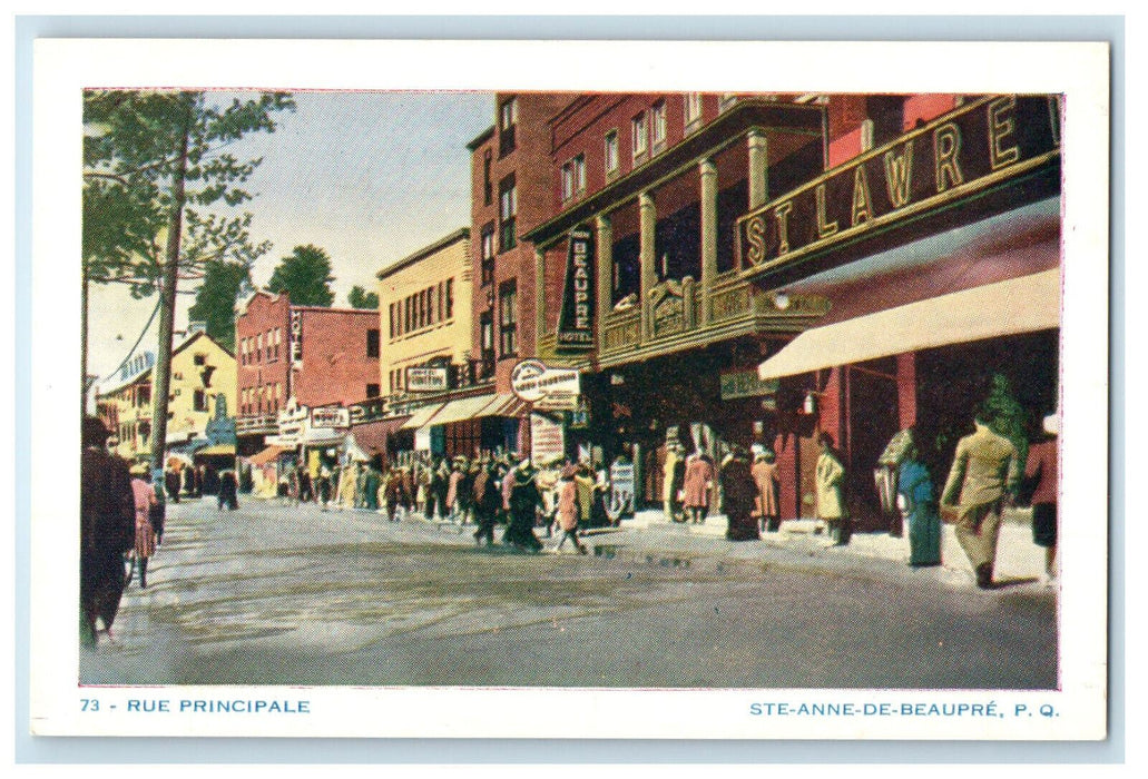 c1950's Crowd Scene, Rue Principale, Ste Anne De Beaupre Quebec Canada Postcard