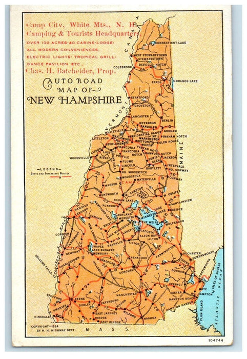 c1910 Auto Road Map of New Hampshire Vintage Unposted Naturekrom Postcard