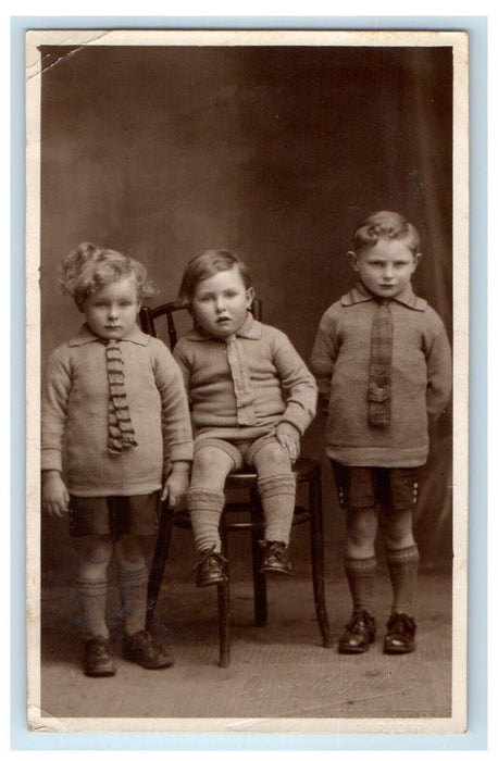 c1910's Three Little Boys Necktie Studio Portrait England RPPC Photo Postcard