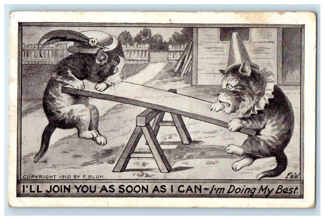 1912 Two Cats Playing Party See Saw Feather Cone Hat Playground Antique Postcard