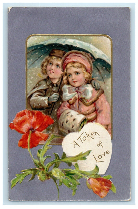 1908 Valentines Boy Girl Umbrella Snow Warmer Flowers Winsch Back Postcard