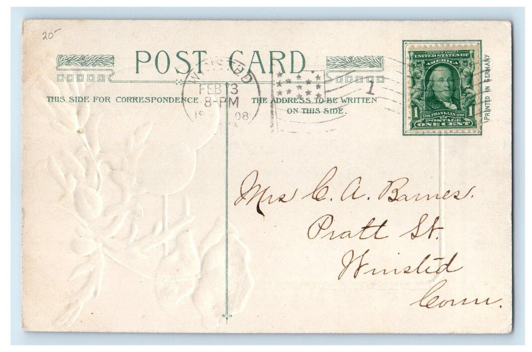 1908 Valentines Boy Girl Umbrella Snow Warmer Flowers Winsch Back Postcard