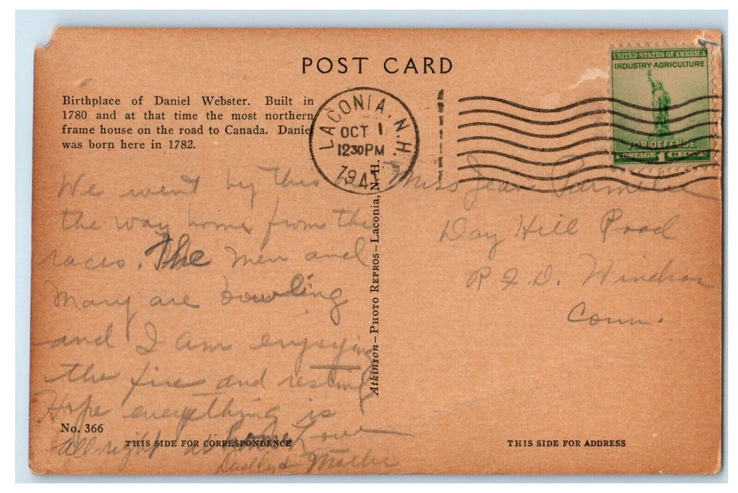 1941 Birthplace Daniel Webster Franklin Laconia New Hampshire Vintage Postcard