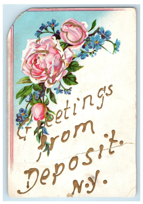 1908 Greetings from Deposit New York Glitter Sherman Pennsylvania PA Postcard
