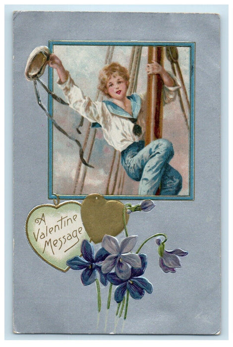 1908 Valentine Greetings Boy Sailor Hearts Flowers Winsch Back Antique Postcard