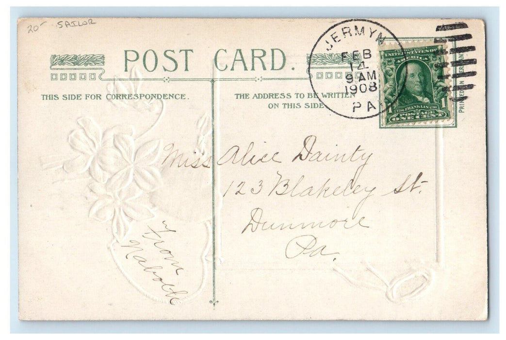 1908 Valentine Greetings Boy Sailor Hearts Flowers Winsch Back Antique Postcard