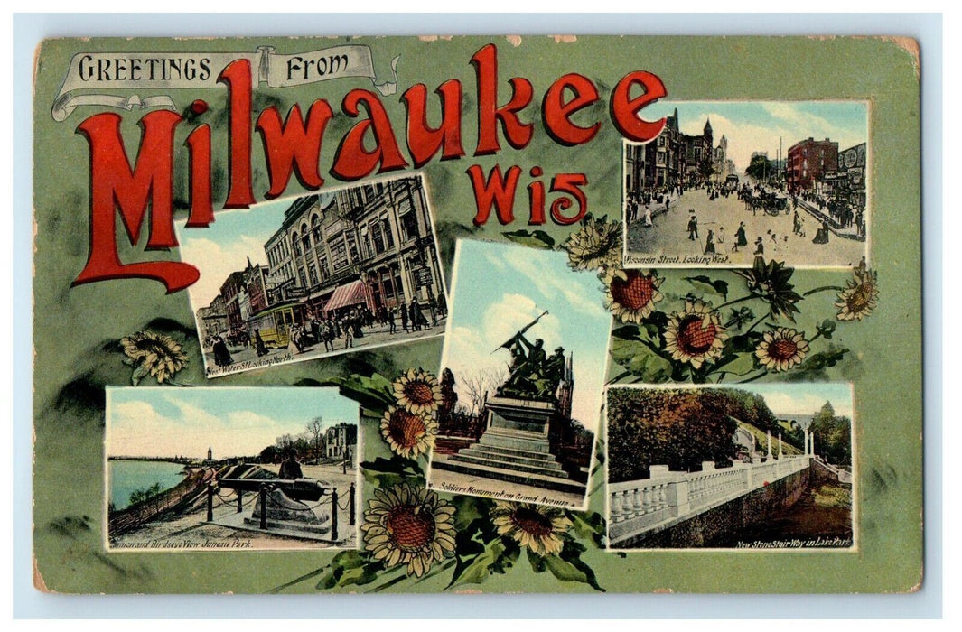 1910 Greetings from Milwaukee Multiview Wisconsin WI Vintage Posted Postcard