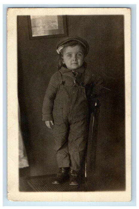 c1910's Virginia Deming Overalls Cute Girl Studio Portrait RPPC Photo Postcard