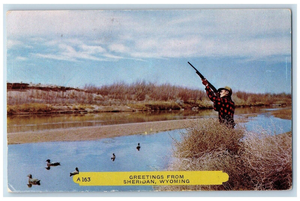 Greetings From Sheridan Wyoming WY, Man Shooting Gun Lake Vintage Postcard