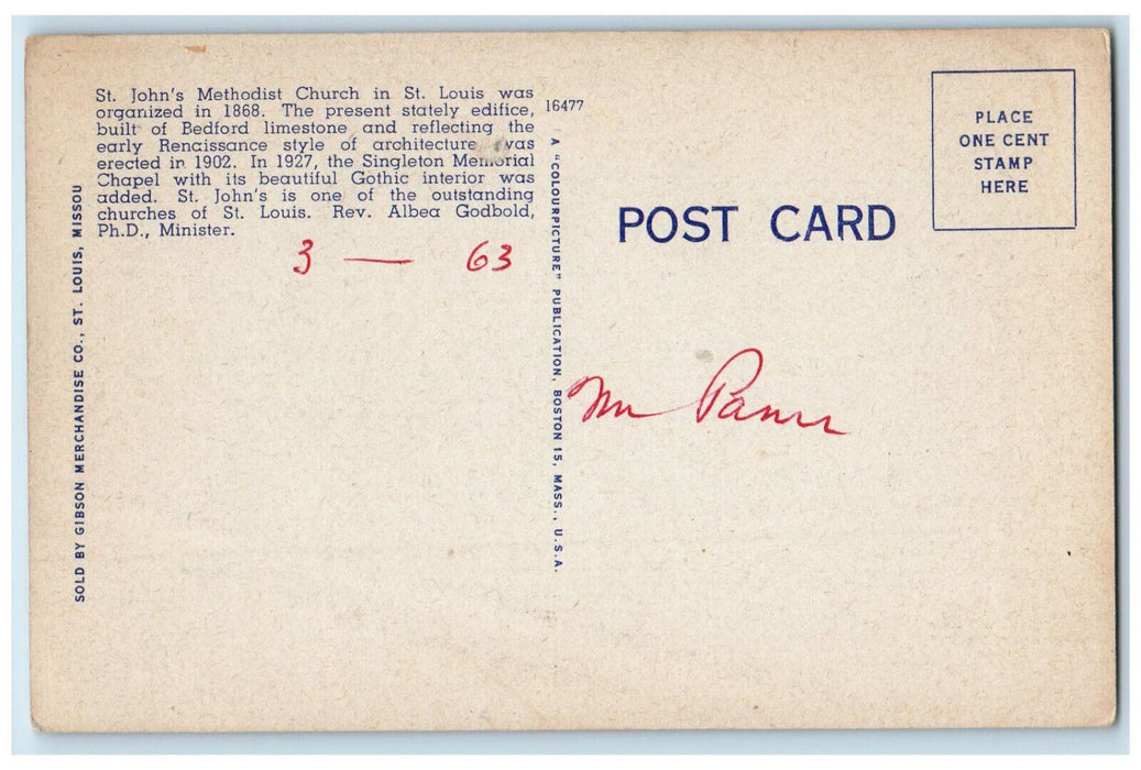 1963 Saint John's Methodist Church Kingshighway Washington Blvd. MO Postcard
