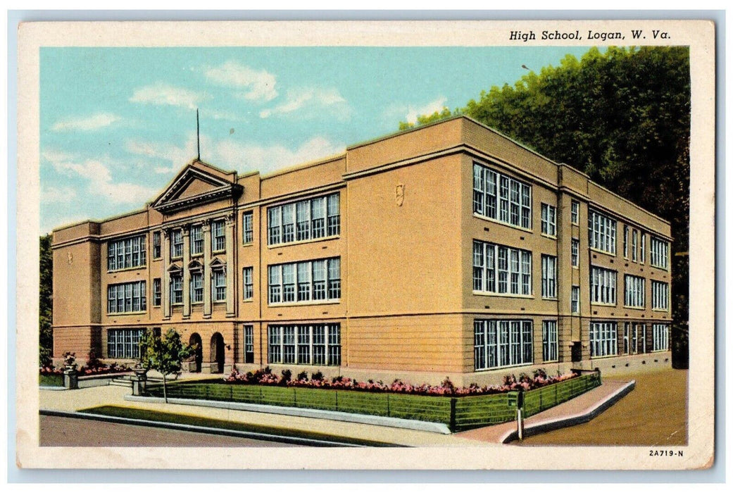 c1930's High School Building Street View Logan West Virginia WV Vintage Postcard