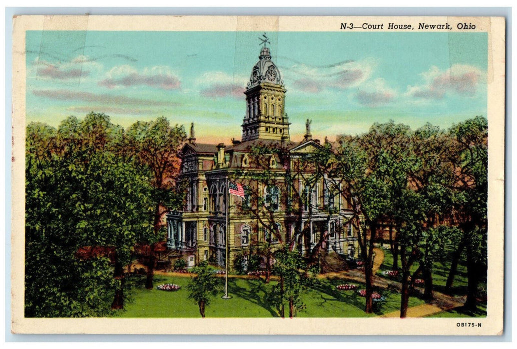 1956 Tower Clock US Flag Trees Garden Court House Newark Ohio OH Posted Postcard