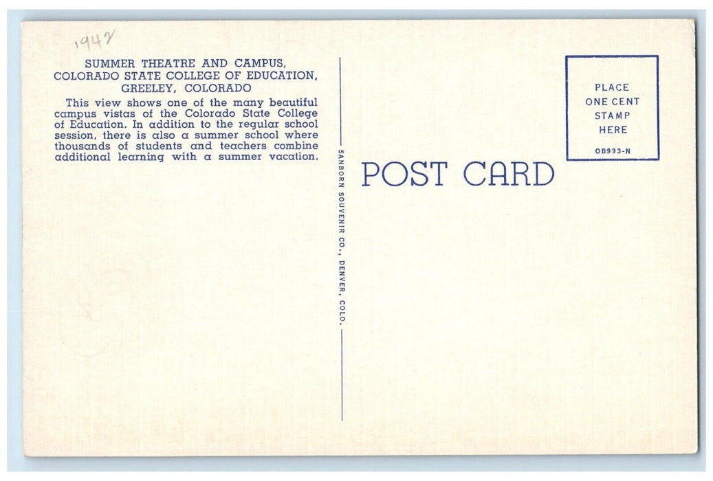 Greeley CO, Summer Theater Campus Colorado State College Of Education Postcard