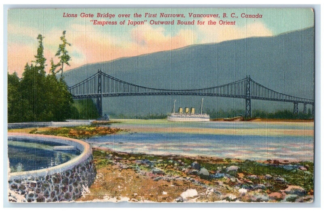 1941 Lions Gate Bridge First Narrows Vancouver B.C. Canada Vintage Postcard