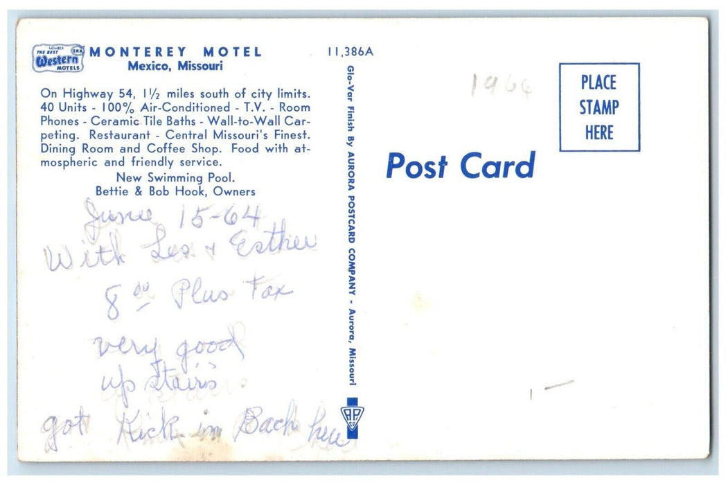 1964 Monterey Motel And Restaurant Cars Mexico Missouri MO Vintage Postcard