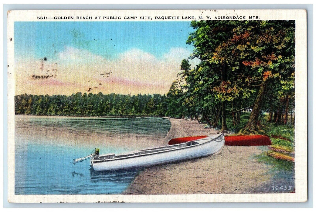 1940 Golden Beach At Public Camp Site Raquette Lake NY, Adirondacks MTS Postcard