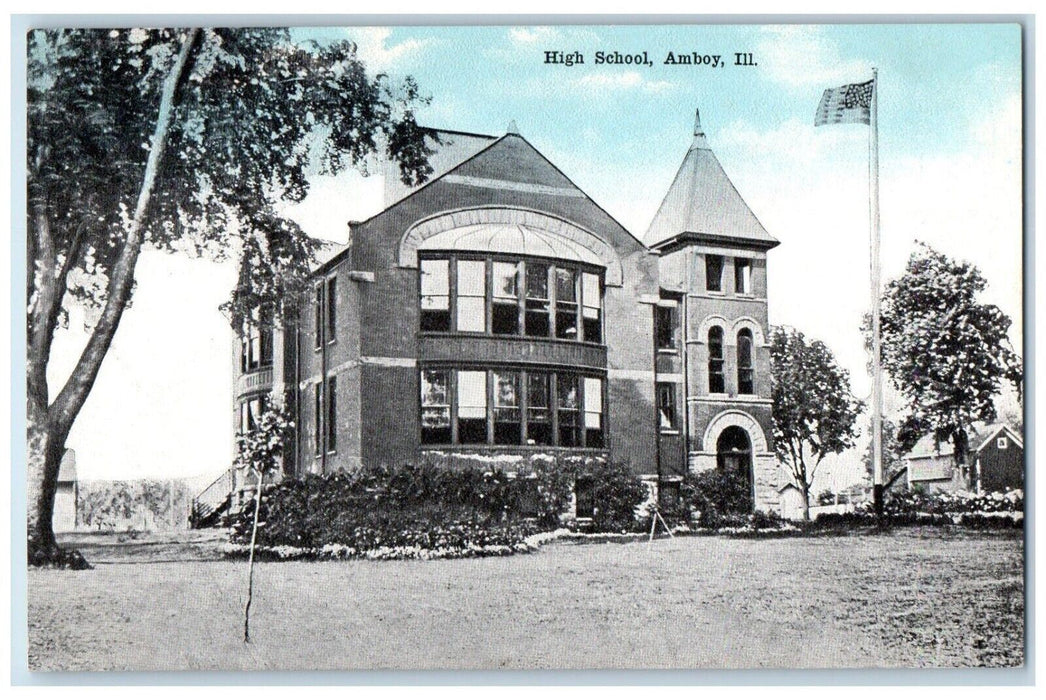 c1910 High School Building Flag Trees Amboy Illinois IL Antique Vintage Postcard