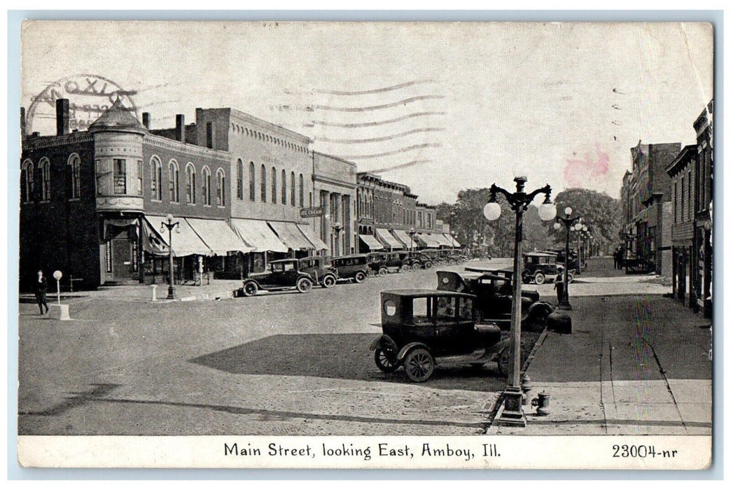 1929 Main Street Looking East Cars Amboy Illinois IL Antique Vintage Postcard