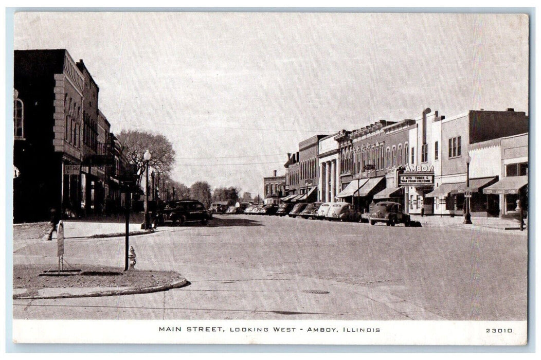 1954 Main Street Looking West Cars Amboy Illinois IL Antique Vintage Postcard