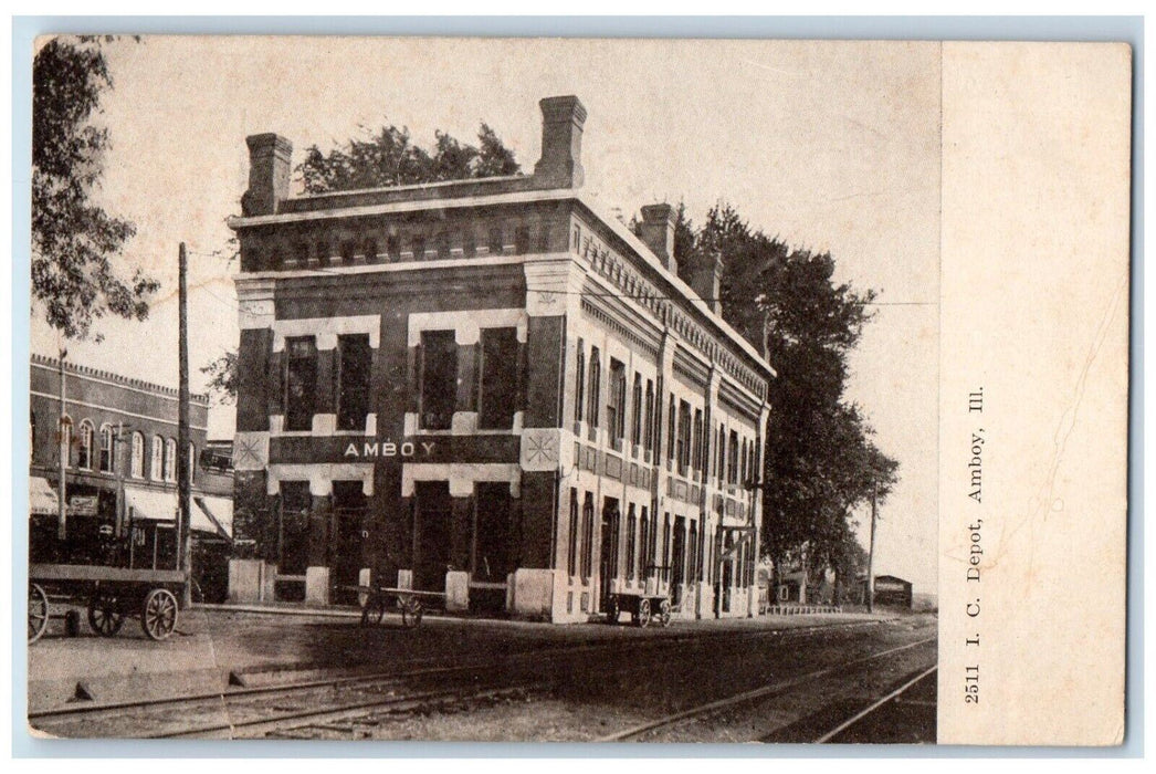 c1910 I.C. Depot Building Scenic View Amboy Illinois IL Antique Vintage Postcard