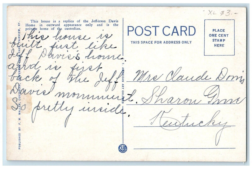 Custodian's Home Jefferson Davis Park Fairview Kentucky KY Vintage Postcard