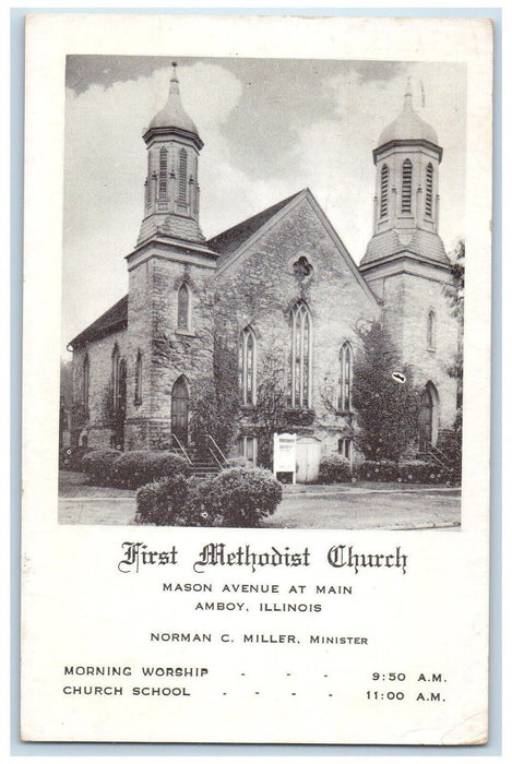 1949 First Methodist Church Mason Avenue Main Amboy Illinois IL Antique Postcard