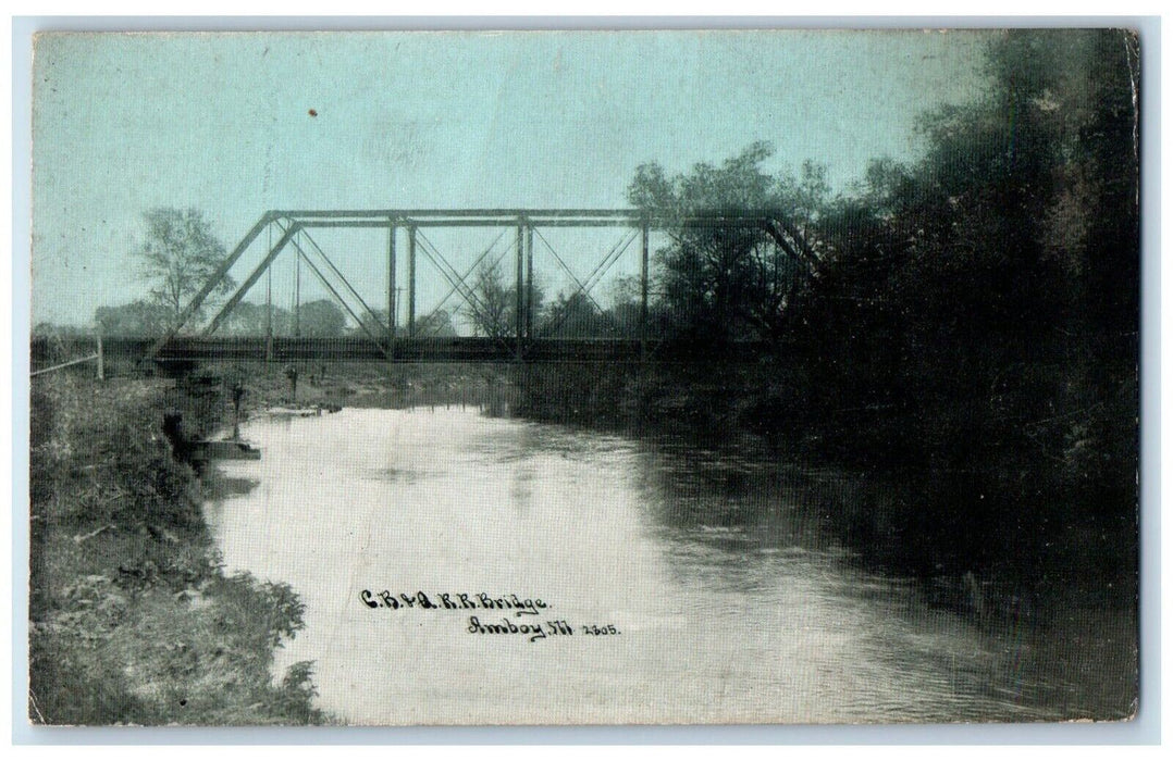 1910 CB & RR Bridge Railroad River Amboy Illinois IL Antique Vintage Postcard