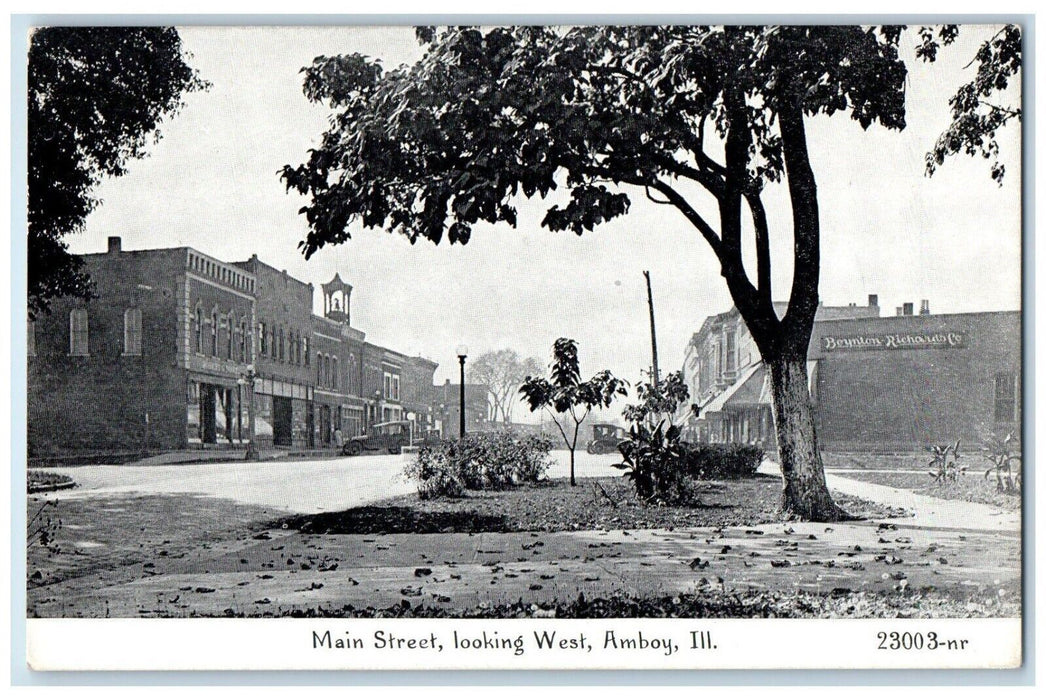 c1910 Main Street Looking West Trees Amboy Illinois IL Vintage Souvenir Postcard