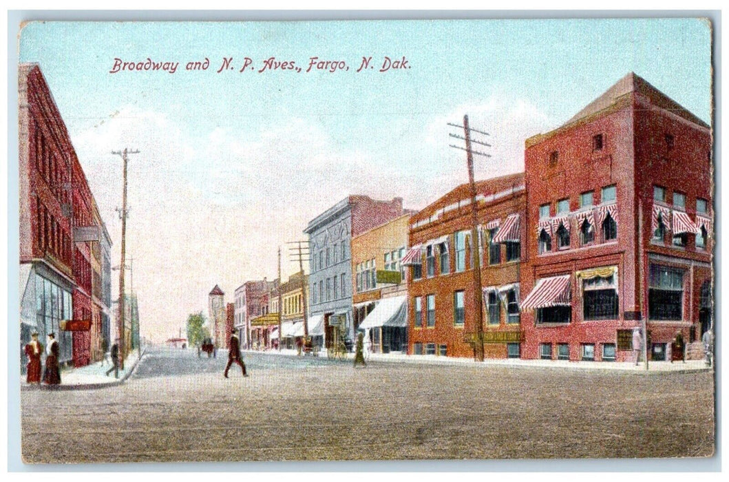 1910 Broadway And N.P. Aves Stree View Fargo North Dakota ND Antique Postcard