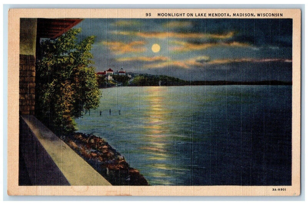 c1930's Moonlight On Lake Mendota Madison Wisconsin WI Unposted Vintage Postcard