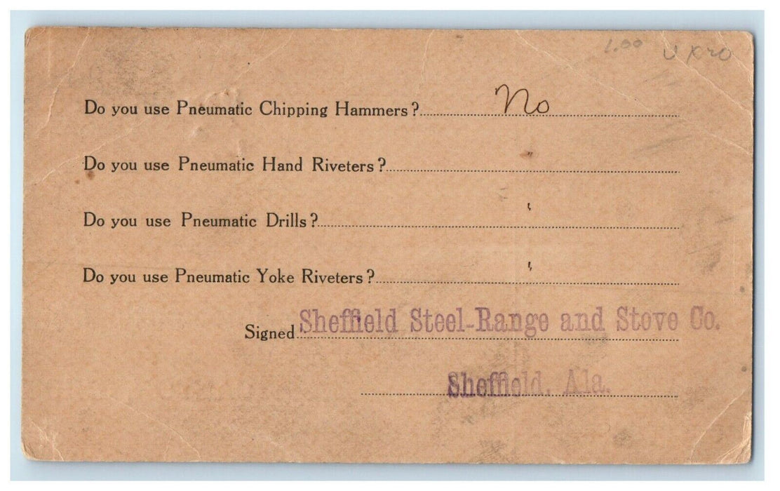 1910 Sheffield Stove Co. AL Pittsburg Pneumatic Canton OH Advertising Postcard
