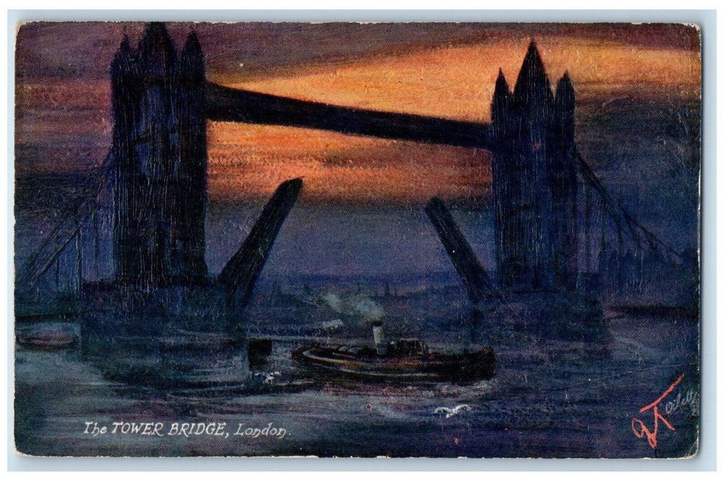 c1910 The Tower Bridge Steamer Foggy London England Oilette Tuck Art Postcard